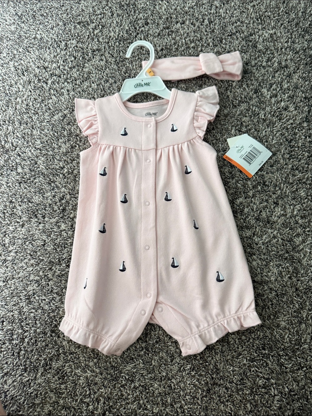 Little Me Light Pink Sailboat Embroidered One-Piece with Matching Headband